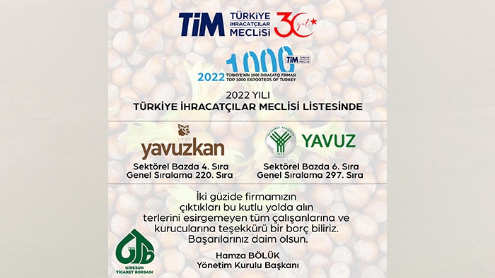 Yavuzkan ve Yavuz Gıda Türkiye İhracatçılar Meclisi listesinde